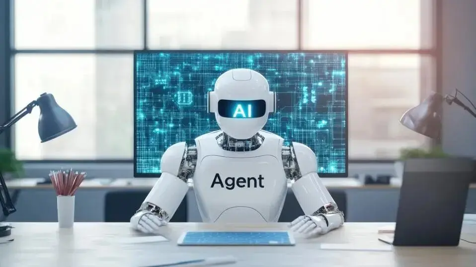 An Ai agent sitting at a desk