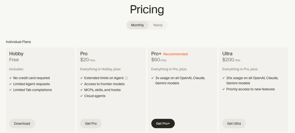 Cursor AI pricing and plans (Source: Cursor)