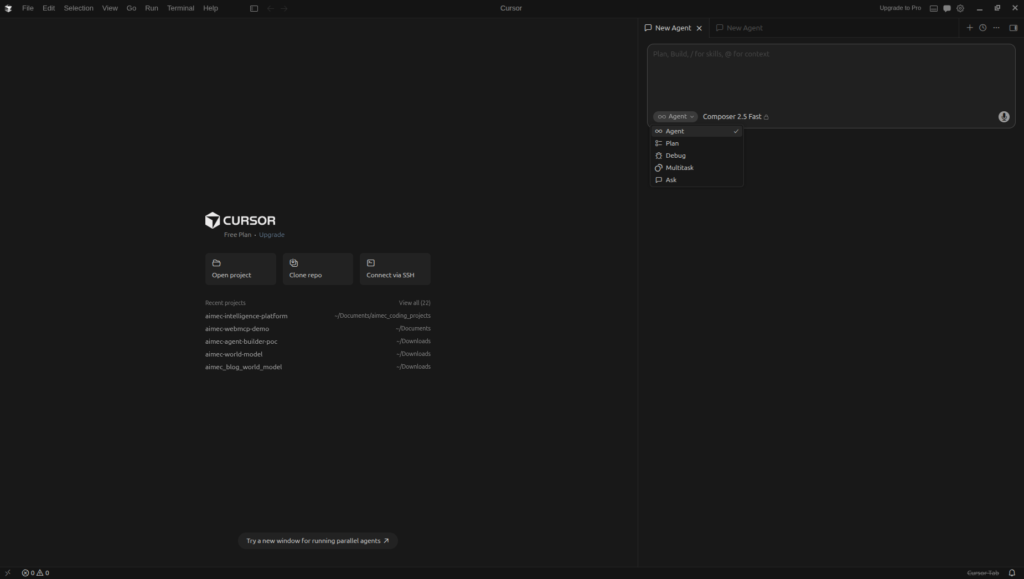 Screenshot of the Cursor AI IDE with a blank project and the model selector open