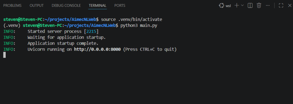 Terminal after starting the script