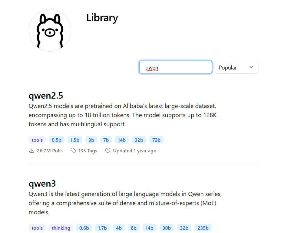 Qwen models available on Ollama