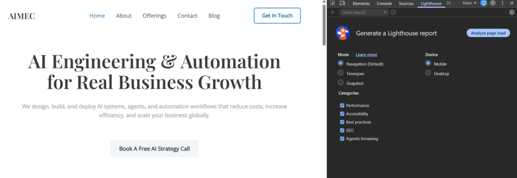 Screenshot of Lighthouse tab with new “Agentic Browsing” option