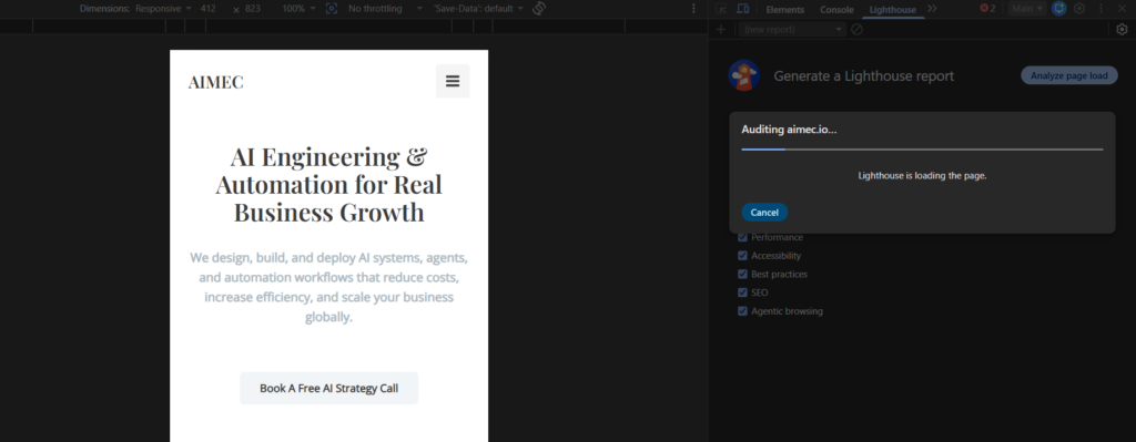 Screenshot of Agentic Browsing analysis running